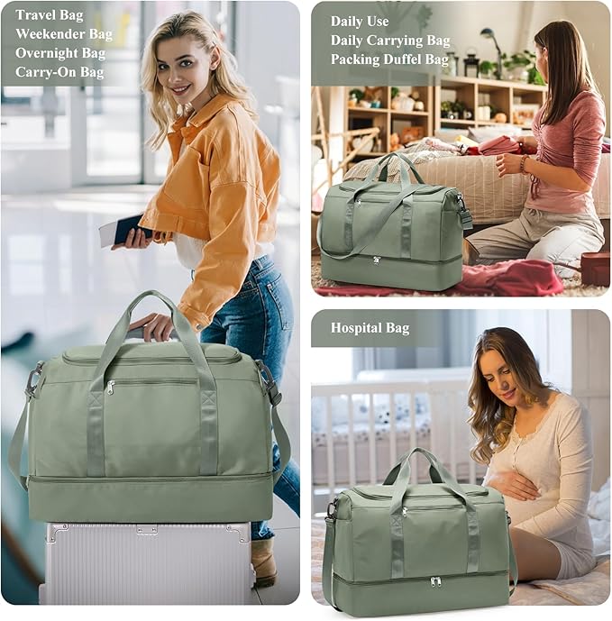 Large Travel Duffle Bag,Carry on Overnight Weekend Bag with Shoes Compartment,Weekender Bags for Women for Travel Business Trips Sport Hospital,2Pcs,Olive Green