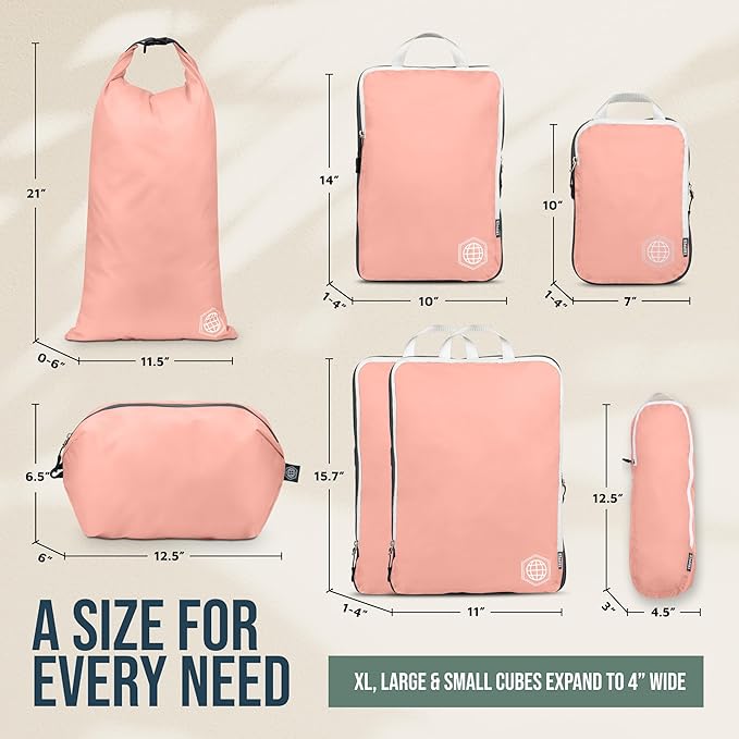 Large Compression Packing Cubes for Travel-Packing Cube Luggage Organizers 7 Piece Set for Checked Luggage-Ultralight, Expandable/Compression Bags by TRIPPED Travel Gear (Dusty Rose)