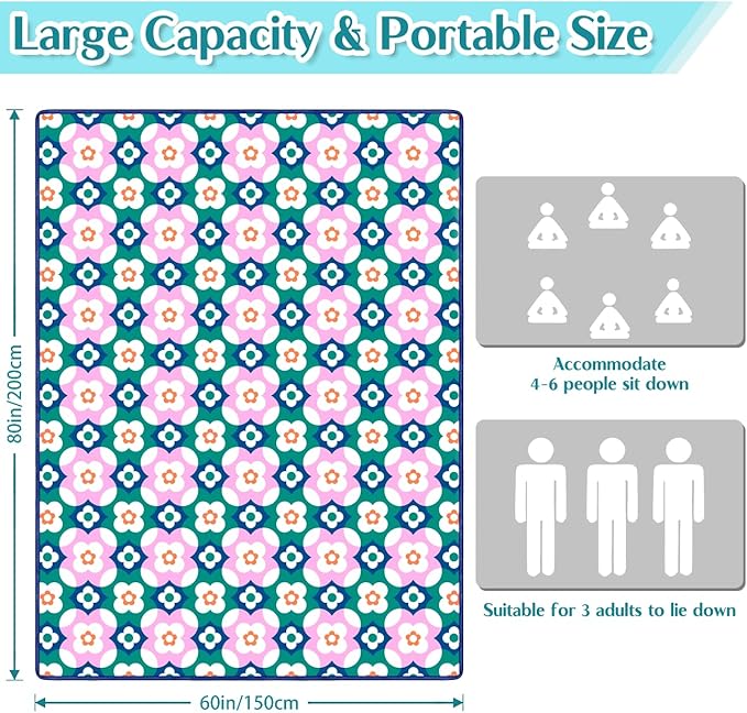 Block Floral Picnic Blankets Waterproof Foldable, 60″X80″Boho Thick Picnic Mat Outdoor Blanket for Grass,Cute Beach Blanket Sandproof Picnic Accessories for Camping Picnic Party Park Hiking