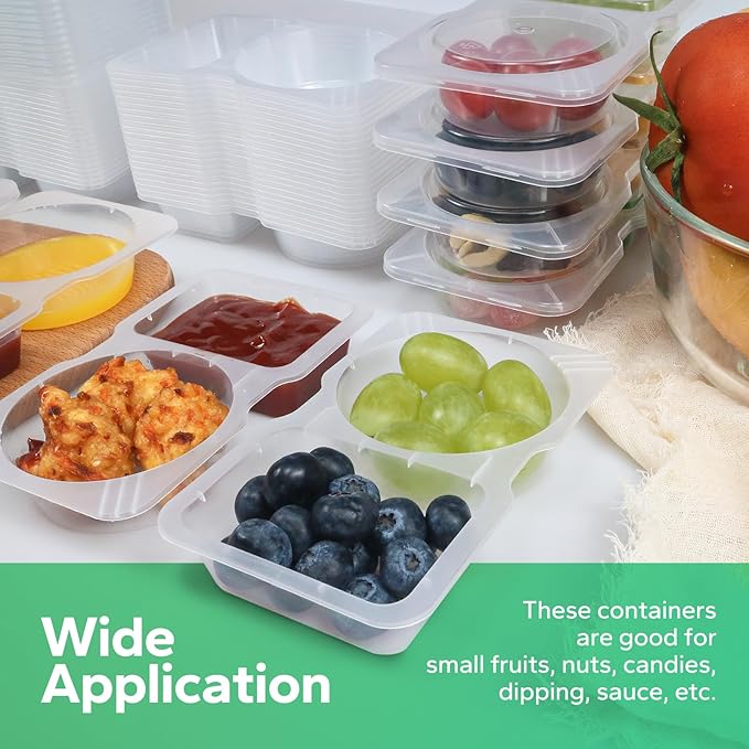 20 Pcs Reusable Snack Containers with Lids, Double Compartment for Sauces, Small Snacks & Tiny Parts, Portable for On-the-Go Meals, School and Office
