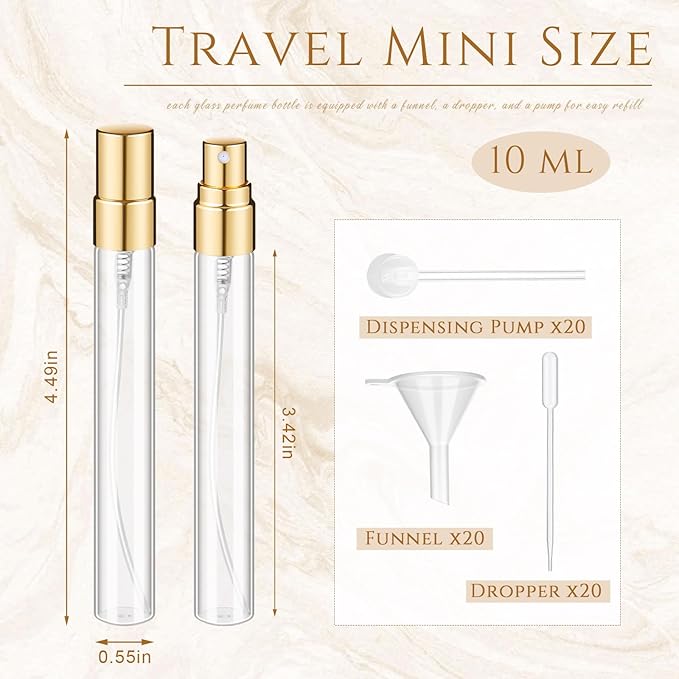 Domensi 60 Pcs 10ml Mini Perfume Bottle Fine Mist Atomizer Glass Refillable Bottles Decants Bulk for Perfumes Travel Glass Container with Atomizer Pump Kit for Toiletries Fragrance Liquid (Clear)