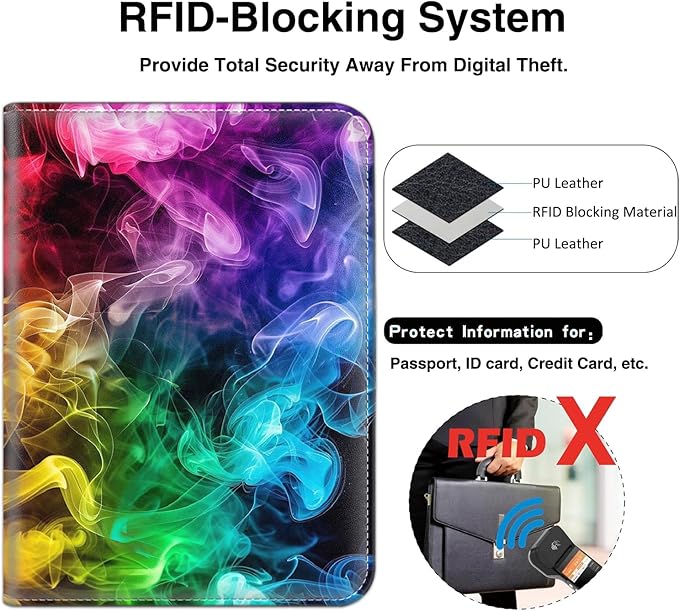 Passport Wallet, Passport Holder with RFID Blocking and Luggage Tag, Waterproof PU Leather Travel Documents Organizer Case, Passport Covers with Card Slot for Women & Men, Rainbow Smoke Passport Book