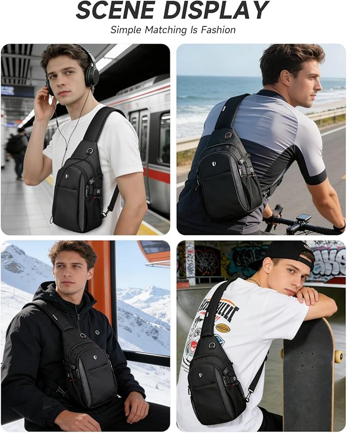 Anti-Theft Sling Bag for Men, Water Resistant lightweight Crossbody Backpack With Side Pocket, Built-in Audio Port, Reversible Strap, Travel Hiking Chest Pack Fits 11 inch iPad & Switch 2
