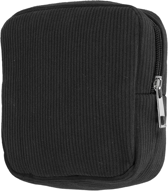 uxcell Period Bag for Teen Girls Women, Portable Corduroy Sanitary Towel Compact Cute Pouch with Zippers, Small Pouch Napkin Storage Pads Holder for Travel, Daily Use, Purse, Black