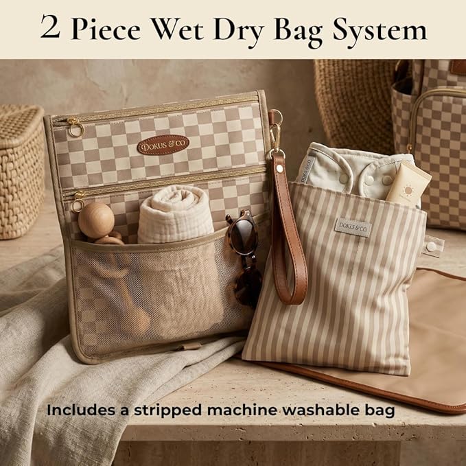DOKUS & CO Premium Wet Dry Diaper Clutch – Structured Waterproof Baby Organizer with Wrist Strap + Matching Washable Wet Bag