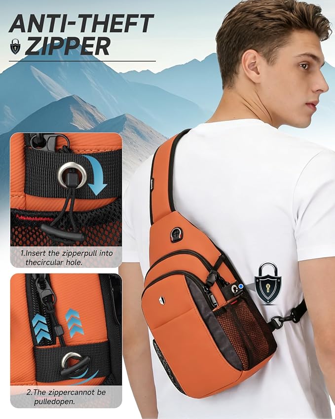 Anti-Theft Sling Bag for Men & Women, Water Resistant Crossbody Backpack, Travel Hiking Chest Pack Fits 11 inch iPad & Switch 2, Orange with Side Pocket