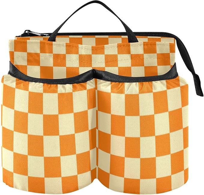 Luggage Cup Caddy Bag Carrier with Handle - Free Hands Travel Drink Holder in Checkered Orange