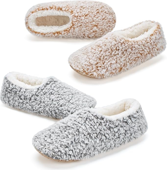 cosyone1997 2-Pair Slippers for Women Indoor Non Slip Soft Sole Plush Sherpa Lined Cozy Comfortable House Slippers