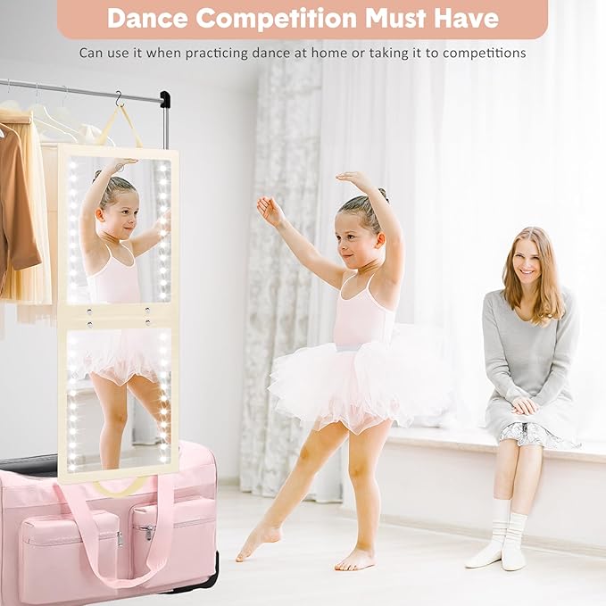 Fabuday Lighted Hanging Mirror for Dance Backstage - Rechargeable Folding LED Full Length Mirror with Lights for Dancers, Portable Foldable Travel Body Mirrors, Brightness Adjustable, Beige
