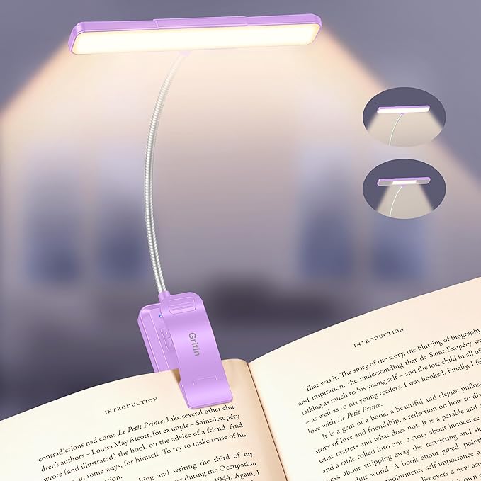 Gritin 2026 Gen 2 Book Light for Reading- 32 Eye Caring Full Spectrum LED, 5 Colors & 5 Brightness, Adjustable Wide/Narrow Beam, Upgrade 1500mAh Long-Lasting Clip on Light for Book Lovers-Purple