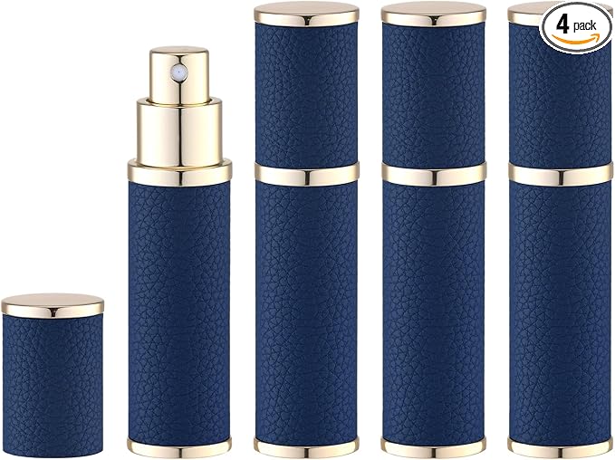 Fusupak Travel Perfume Bottle Refillable - Mini Leather Cologne Atomizer Sprayer Portable - Empty Small Size Fragrance Pump Dispenser Container for Men Travel Essentials - Small Refill 10ml Blue 4 PCS