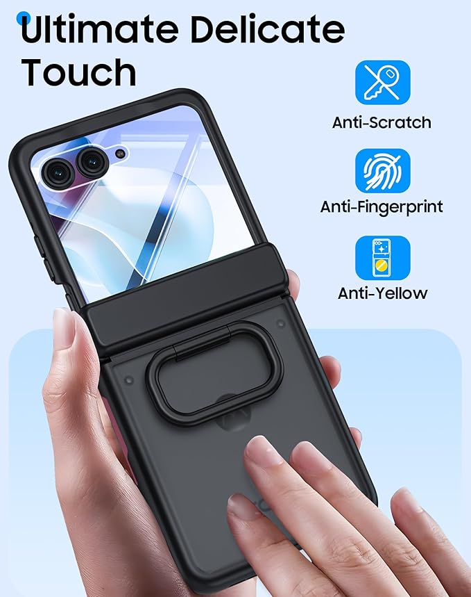 for Motorola Razr 2025 Case/Razr 2024 Case with Ring Holder & Screen Protector & Hinge Protection, Skin Feel Matte PC, Shockproof Phone Cover for Razr 2025/2024-Black (NOT for Plus/Ultra)