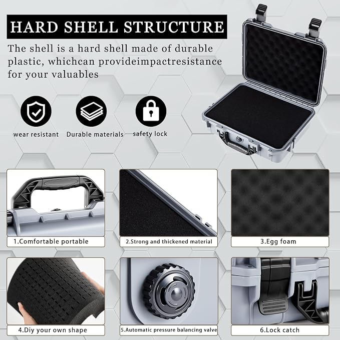Relaxweex 1 Pcs Waterproof Hard Case with DIY Customizable Foam Insert Portable Protective Case with Knife for Camera Drones Equipments Tools Test Instruments(Gray,14.3 x 11.4 x 4.5 Inch)