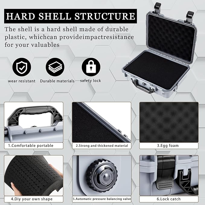 Relaxweex 1 Pcs Waterproof Hard Case with DIY Customizable Foam Insert Portable Protective Case with Knife for Camera Drones Equipments Tools Test Instruments(Gray,8.5 x 6.5 x 3.7 Inch)