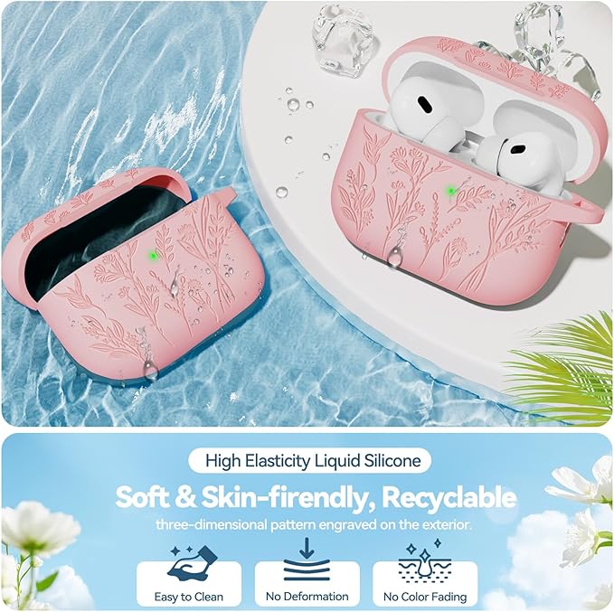 Flower Engraved Case for Apple AirPods Pro 2 Gen with Clean Kit,Soft Silicone Protective Case Cover for AirPods Pro 2nd/1st Generation AirPod Case Carabiner,Front LED Visible,Pink