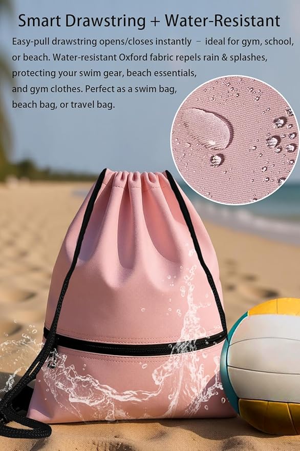 Water-Resistant String Bag for Women Men with Shoes Compartment and Zippered Pocket for Soccer, Basketball, Swim (Pink, 16.5 * 19 inches)
