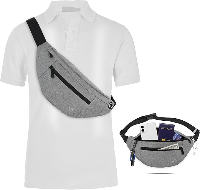 HiRui Large Crossbody Fanny Pack for Men Women Waist Bag Pack with 4-Zipper Pockets Phone Bag Fits All Phones Wallet Keys, Casual Hands-Free Waist Pack for Travel Workout Running (Gray)