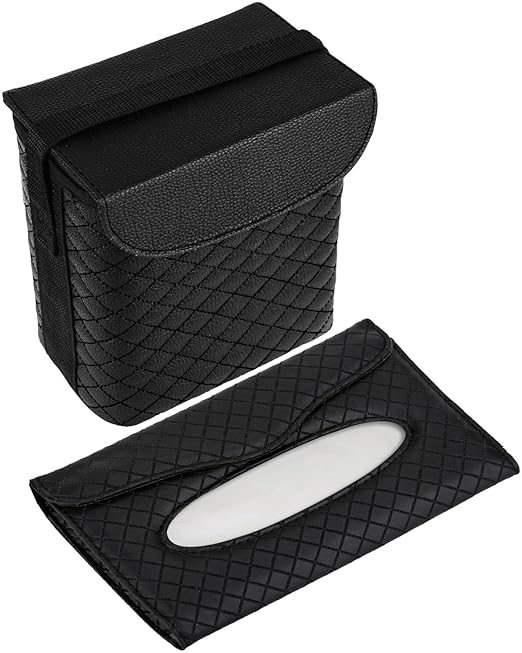 BELINOUS Leather Car Trash Can with Matching Tissue Holder, Waterproof and Leakproof Mini Car Trash Can with Lid, Small Garbage Bin with Adjustable Strap