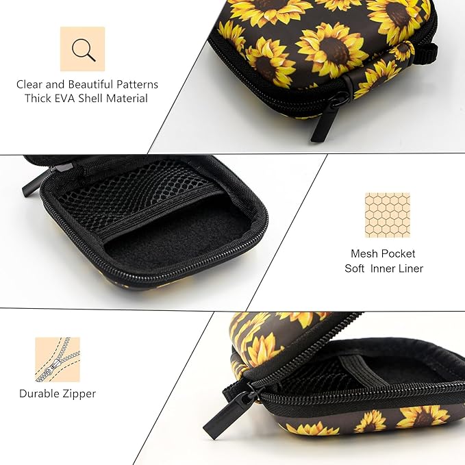 Earbud Case,Headphone Organizer Earbud Storage Bag, Hard EVA Shockproof Cover Carrying Case with Carabiner Clip Compatible with AirPods 4 AirPods Pro 2nd /3/2/1 Bose Galaxy (Sunflower)