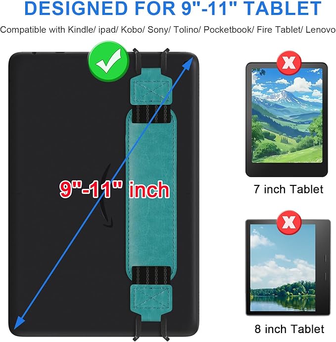 HoYiXi Soft Hand Strap for 9-11 Inch eReaders & Fire Tablet Compatible with Fire HD 10/iPad 9.7 /iPad mini/Galaxy Tab A8 A9/Huawei Lightweight Black High-Elasticity Finger Grip Holder -Cyan