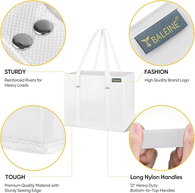 BALEINE 3Pk Reusable Grocery Bags, Foldable Shopping Bags for Groceries with Reinforced Bottom & Handles (White)