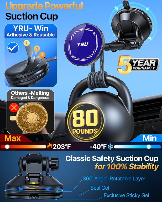 YRU Upgraded Magnetic Phone Holder Car【Patented & Super Magnet】 for MagSafe Mount Dashboard Windshield Vent Magnet Phone Cradle Stand for iPhone 17 16 15 14 13 12 Pro Max Samsung Truck, Navy Blue