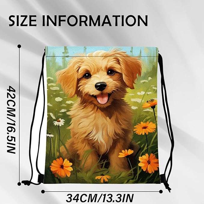 Drawstring Backpack for String Bag Waterproof Cute Sports Beach Swimming Travel (13"×17")-Dog