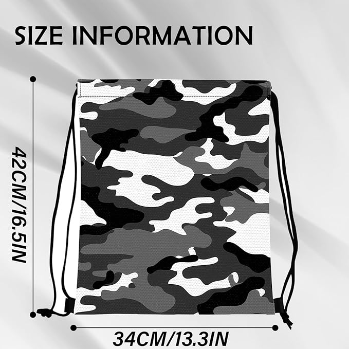 Drawstring Backpack for String Bag Waterproof Cute Sports Beach Swimming Travel (13"×17")-Black Camouflage