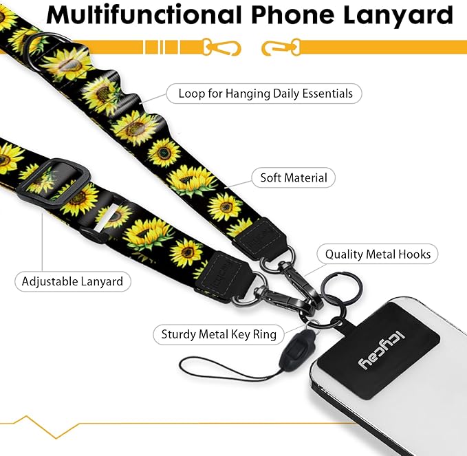 Icycay Phone Lanyard Crossbody, Flower Cell Phone Strap for Around The Neck Adjustable, Floral Teacher Anti Theft Cute Lanyard for ID Holder Keys Accessories Travel Essential