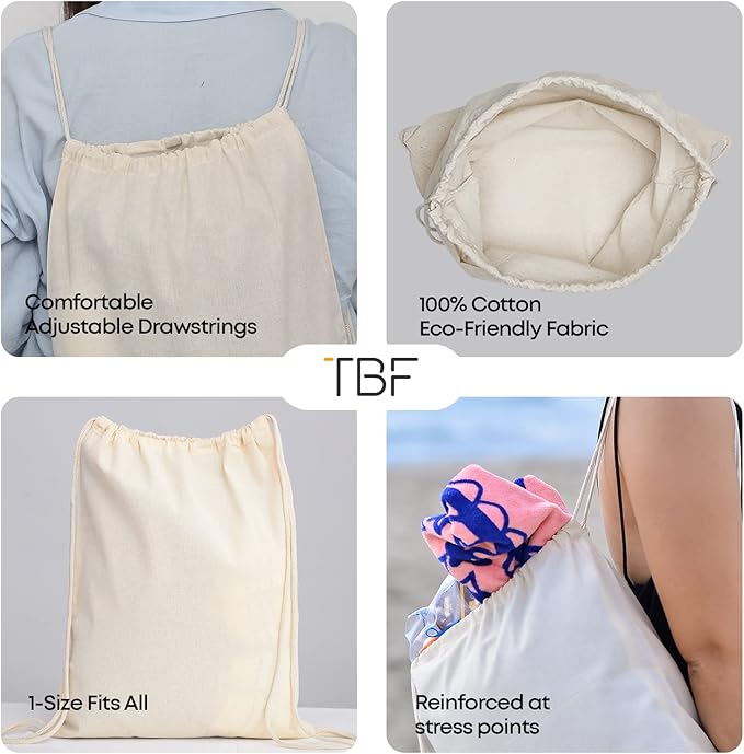 TBF (12 Pack) Set of 12 Durable Cotton Canvas Drawstring Backpack Bags (Large (17" W x 20" H))