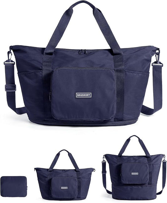 BAGSMART Foldable Travel Bag, 37L Expendable Personal Item Bag, Lightweight Weekender Bags for Women, Water Resistant Extra Carry on for Travel, Navy Blue
