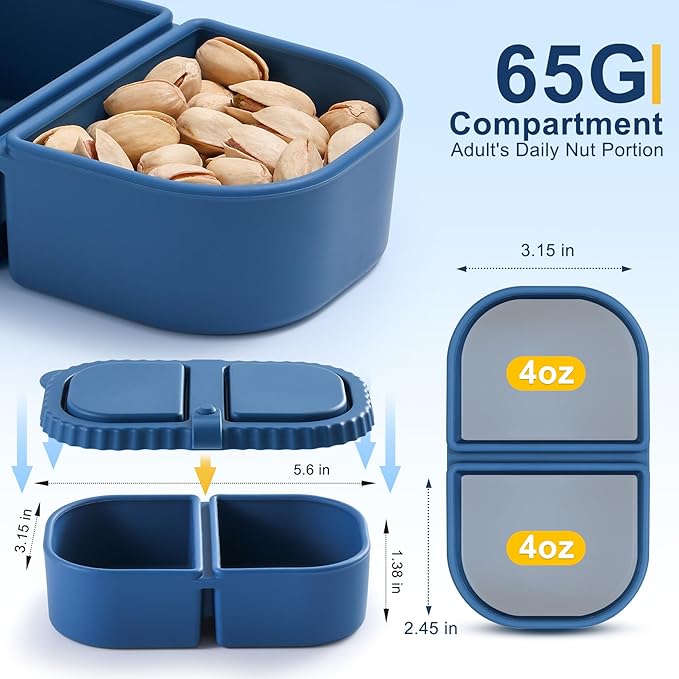 6 Pack Reusable Silicone Snack Containers with Lids, 2 Compartment Bento Snack Boxes, Leakproof Portion Control Food Containers for Fruits, Nuts, School, Office & Travel, Dishwasher Safe