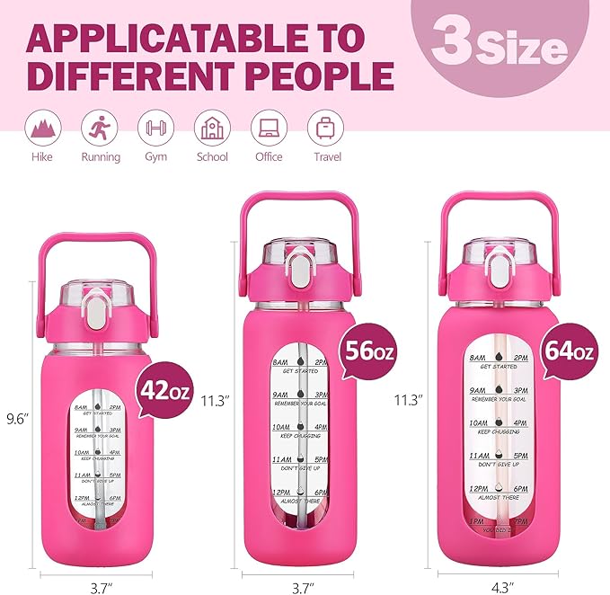 56oz Glass Water Bottles with Straw, Motivational Glass Bottle with Silicone Sleeve and Time Marker, Leakproof Large Glass Water Jug for Gym Home Office,Rose red