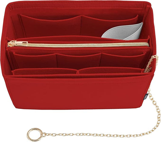 Purse Organizer Insert, Handbag Organizer with Zipper, Tote Shaper with Cup Holder & Keychain, Compatible with LV, Neverfull, MK, COACH, Longchamp, Kate Spade – Red-Med