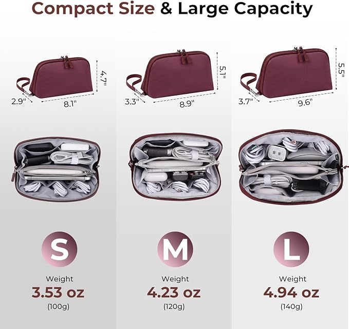 FYY Travel Cable Organizer - 8 Compartments Lightweight Water Resistant Tech Pouch with Wrist Strap, Portable Electronic Accessories Case for Cord Charger Storage for Travel Office Wine Red (Large)