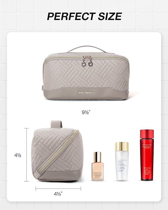 BAGSMART Makeup Bag Cosmetic Bag, Travel Makeup Bag,Water-resistent Makeup Bags for Women Portable Pouch Open Flat Make Up Organizer Bag for Toiletries, Brushes, Tranquil Gray