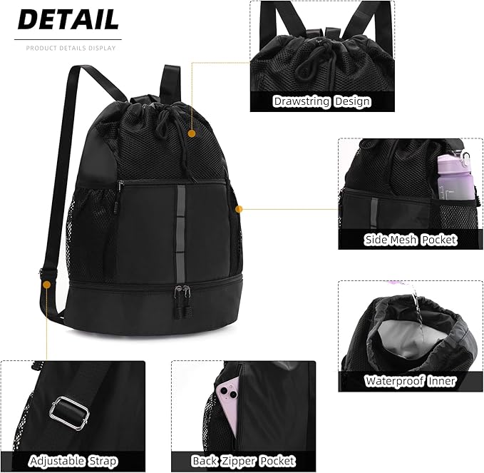 Valleycomfy Drawstring Gym Bag Sports Backpack With Shoe Compartment and Reflective Strips Black