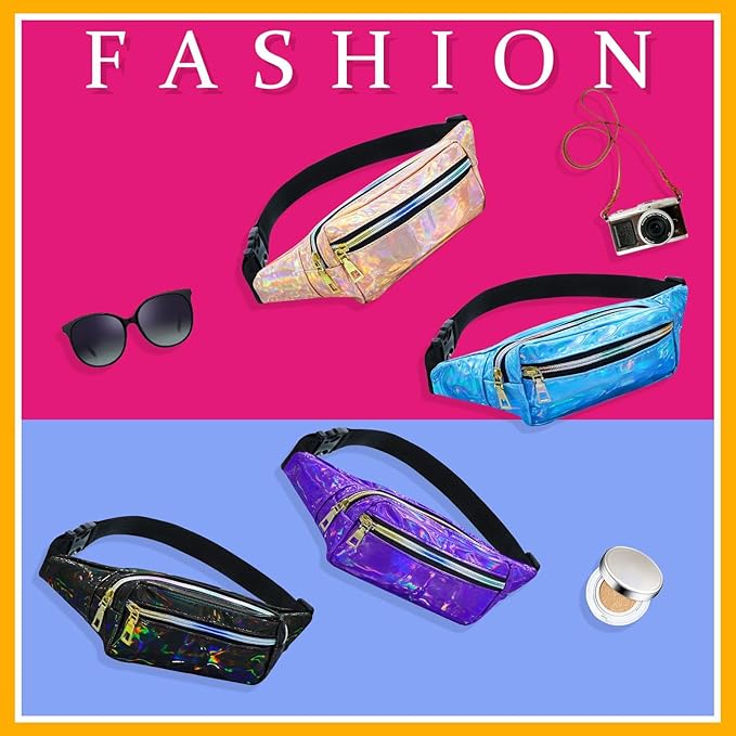 16 Pcs Fanny Packs for Women Holographic Fanny Pack Bulk 80s 90s Shiny Waist Bag Metallic Color with Adjustable Belt(Elegant Style)