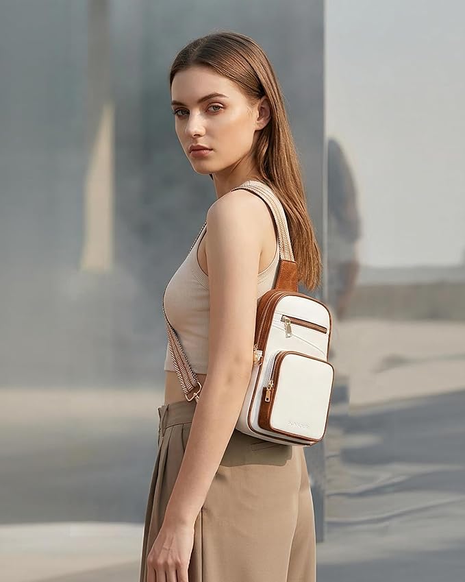 Anti Theft Crossbody Bags for Women,RFID Sling Bag Travel Purse,Vegan Leather Cross Body Purses Chest Bag for Travel(white＆Brown)