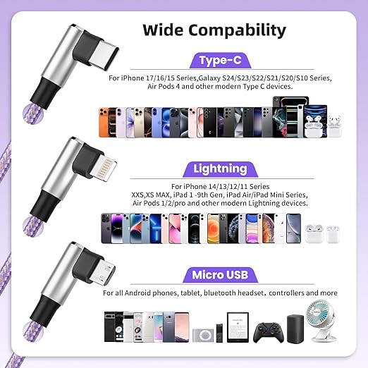 Gamer-Friendly & Travel Essentials 90 Degree Multi Charging Cable [2Pack 5FT], Right Angle 3 in 1 Charging Cable with USB-A to USB C/IP/Micro USB, Compatible with iPhone, Galaxy, Huawei, iPad and More