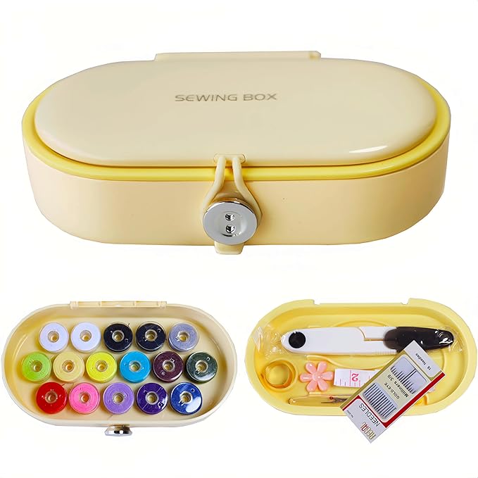 Portable Sewing Kit for Emergency Repair, Travel Sewing Kit Box with Round Case, Includes Needles, Thread, Scissors, Thimble - Perfect Home & Dorm Essential for Beginners (3 Stylish Colors) (Yellow)