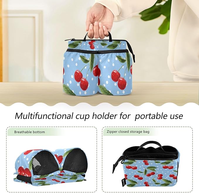 Luggage Cup Holder for Suitcases Free Hands Suitcase Cup Holder Travel Luggage Drink Holder Portable Luggage Cup Caddy Bag Carrier with Handle Light Blue Dots Red Cherry