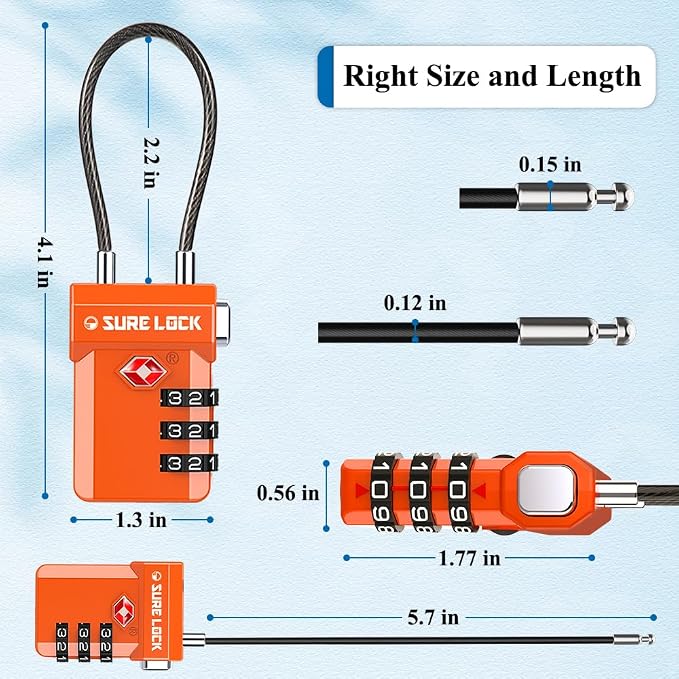 SURE LOCK TSA Approved Luggage Locks with Open Alert Indicator, 3 Digit Combination Cable Travel Lock for Suitcase, Backpack, Gym Locker, Toolbox, Carry On & Travel Bag