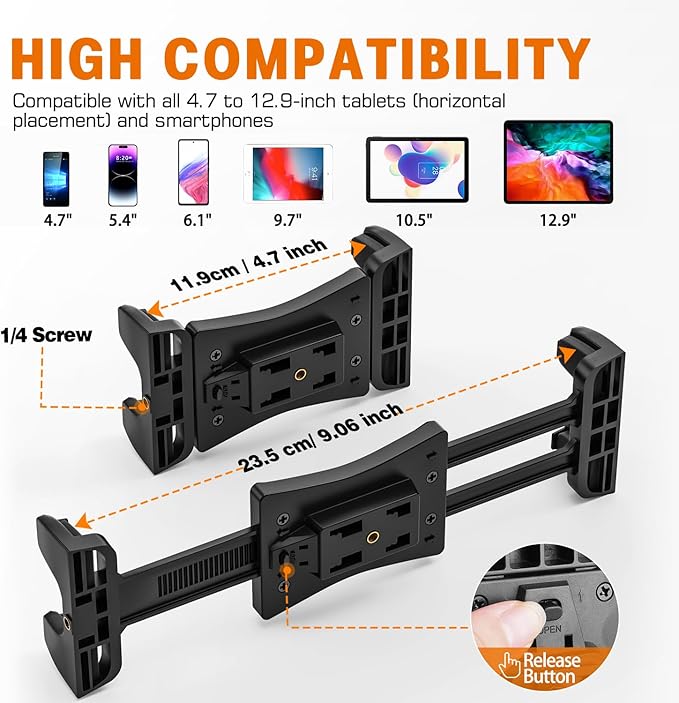 Tablet Holder for Microphone Stand, Mic Music Stand Tablet Holder for iPad, 360° Adjustable Clip-on Phone Mount for Shee Music Stand, Fits Devices from Screen Size 4.7 to 12.9”