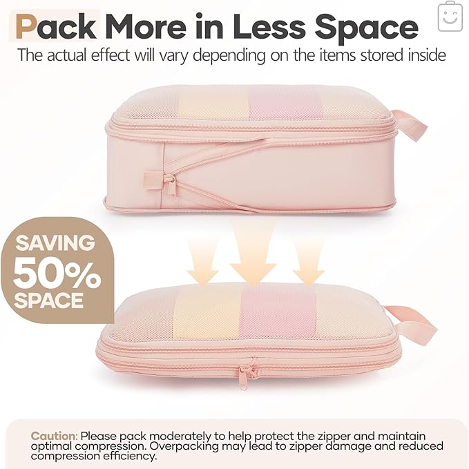 Veken 10 Set Compression Packing Cubes for Travel Essentials,Compressible Expandable Large Luggage Suitcase Organizer Bags for Clothing,Durable Space Saver Storage Bags with Toiletry Bags(Beige)