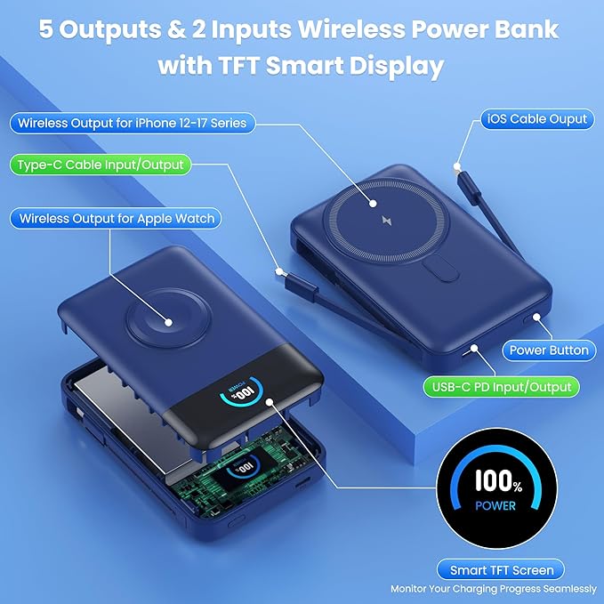 Ekrist Magnetic Portable Charger for MagSafe with Built-in Cable,iWatch Charger,Wireless Power Bank Travel Essentials,25W Fast Charging Battery Pack for iPhone 17/16/15,Apple Watch(Blue,10800mAh)