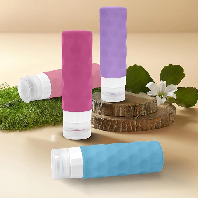 Silevoler Travel Bottles for Toiletries, 4pcs Tsa Approved 3oz Travel Size Containers, BPA Free Leak Proof Premium Silicone Bottles, Refillable Liquid Squeezable Accessories W/Toiletry Bag (Vibrant)