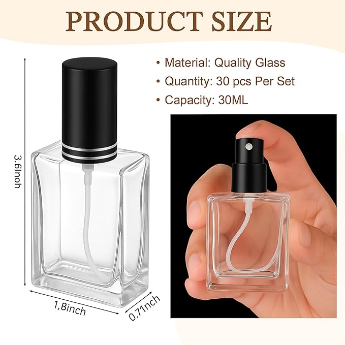 Domensi 30 Pcs 10/15/30/50 ml Glass Perfume Bottles Mini Glass Empty Spray Atomizer Bottles Bulk Refillable Perfume Dispenser Container with Pump Tool for Travel Skin Care (30 ml,Black)