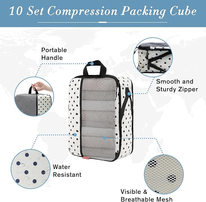 U+U 4 Set Compression Packing Cubes - Ultralight Travel Organizers, Space-Saving Suitcase Organizer, Expandable Packing Organizers for Travel Essentials (Polka Dot)