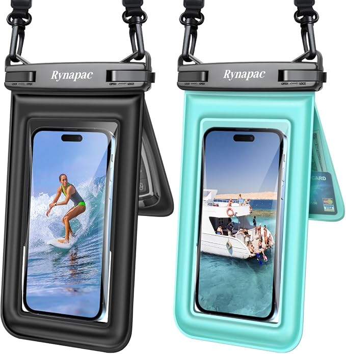 Rynapac Floating Waterproof Phone Pouch [Up to 8.5''] - 2 Pack IPX8 Double Space Waterproof Phone Case with Adjustable Lanyard for iPhone 17 16 15 14 Pro Max, TouchScreen, Beach Cruise Essentials 2026